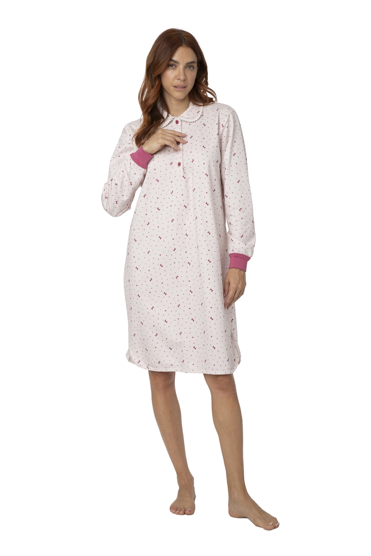 Camicia da Notte 100% Cotone Felpato Floreale con Colletto – Made in Italy