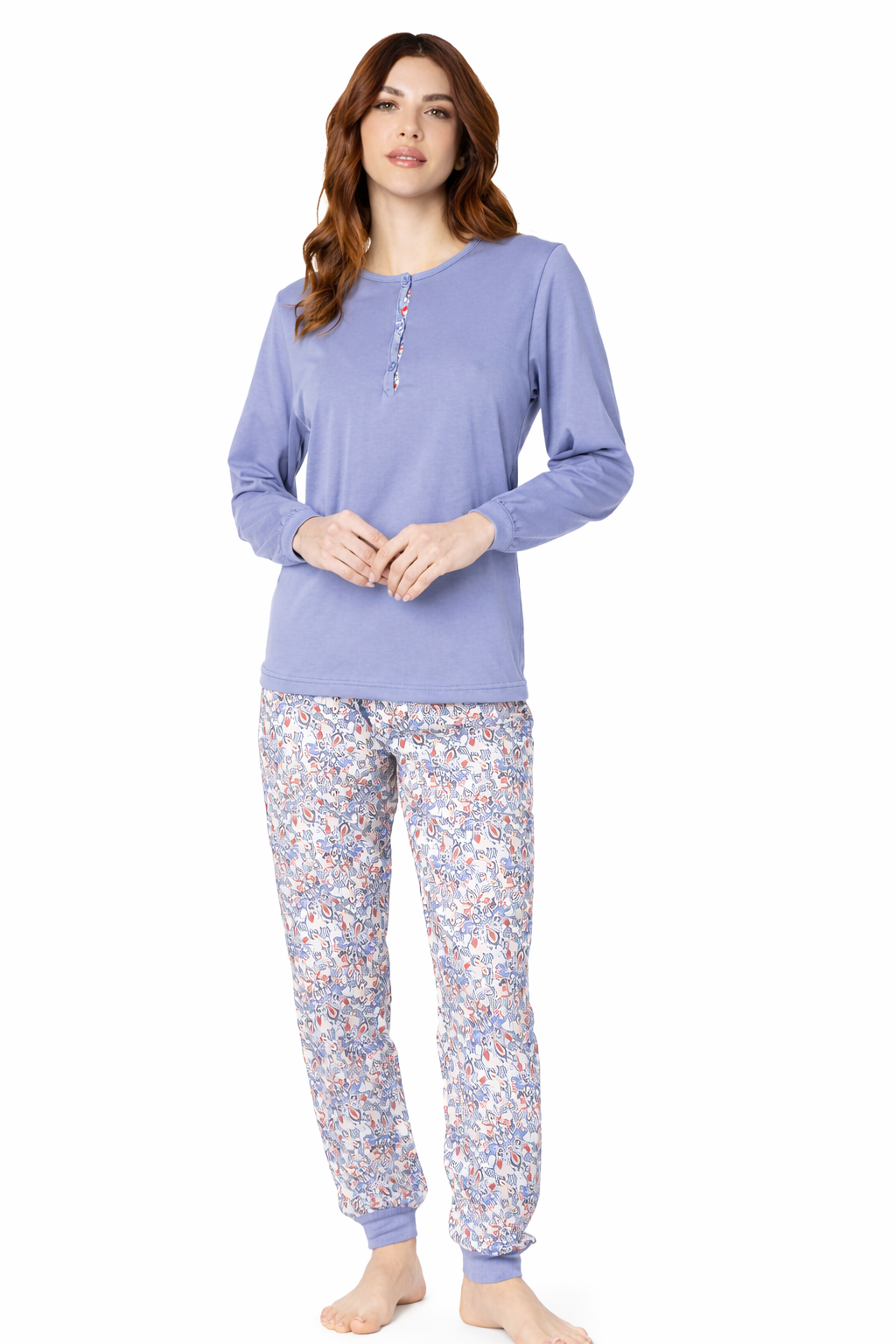 Pigiama Donna 100% Cotone Made in Italy – Maglia Tinta Unita e Pantalone Fantasia